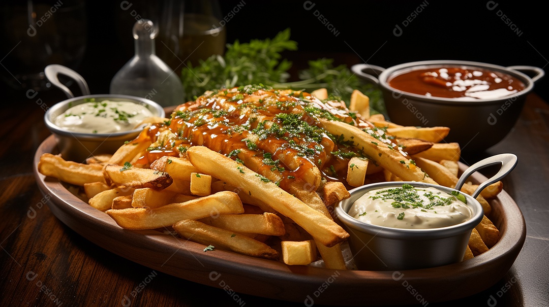 Apetitosas batatas fritas servidas com molhos brancos e vermelhos na mesa de madeira Generative IA