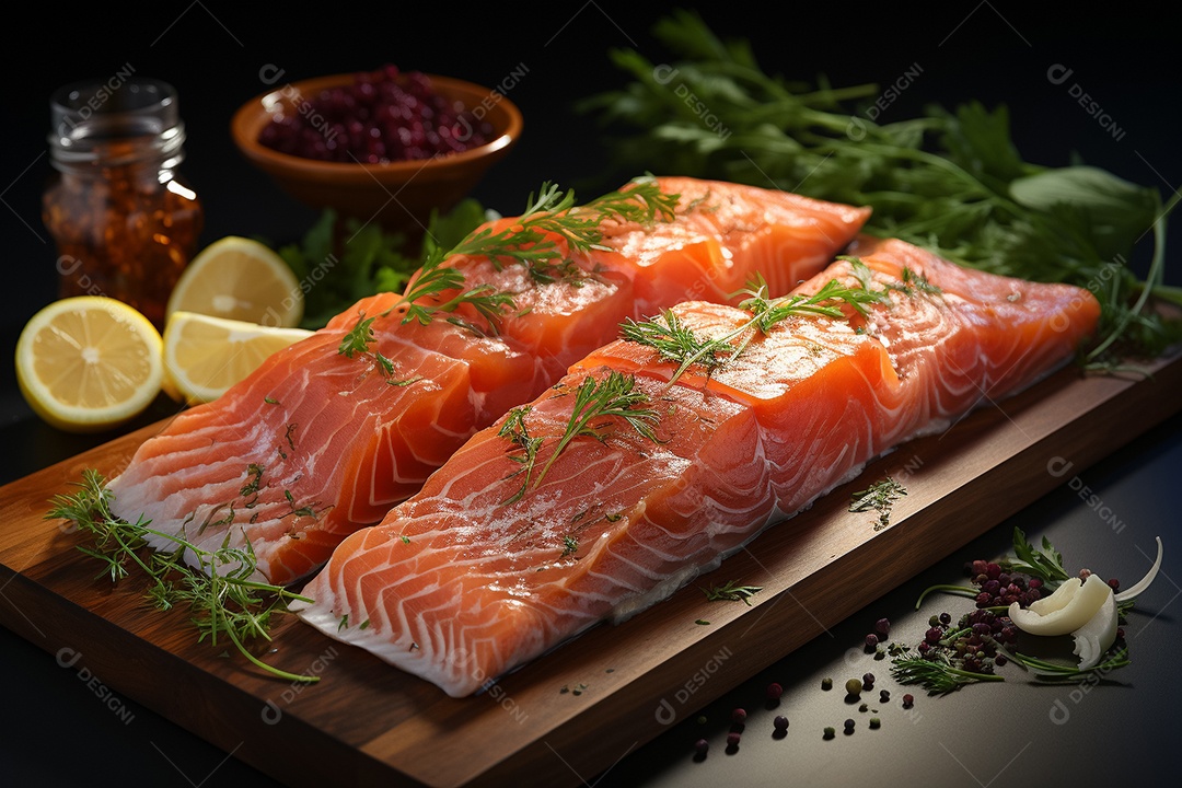 Filé de salmão cru fresco na tábua com ervas em fundo escuro Generative IA