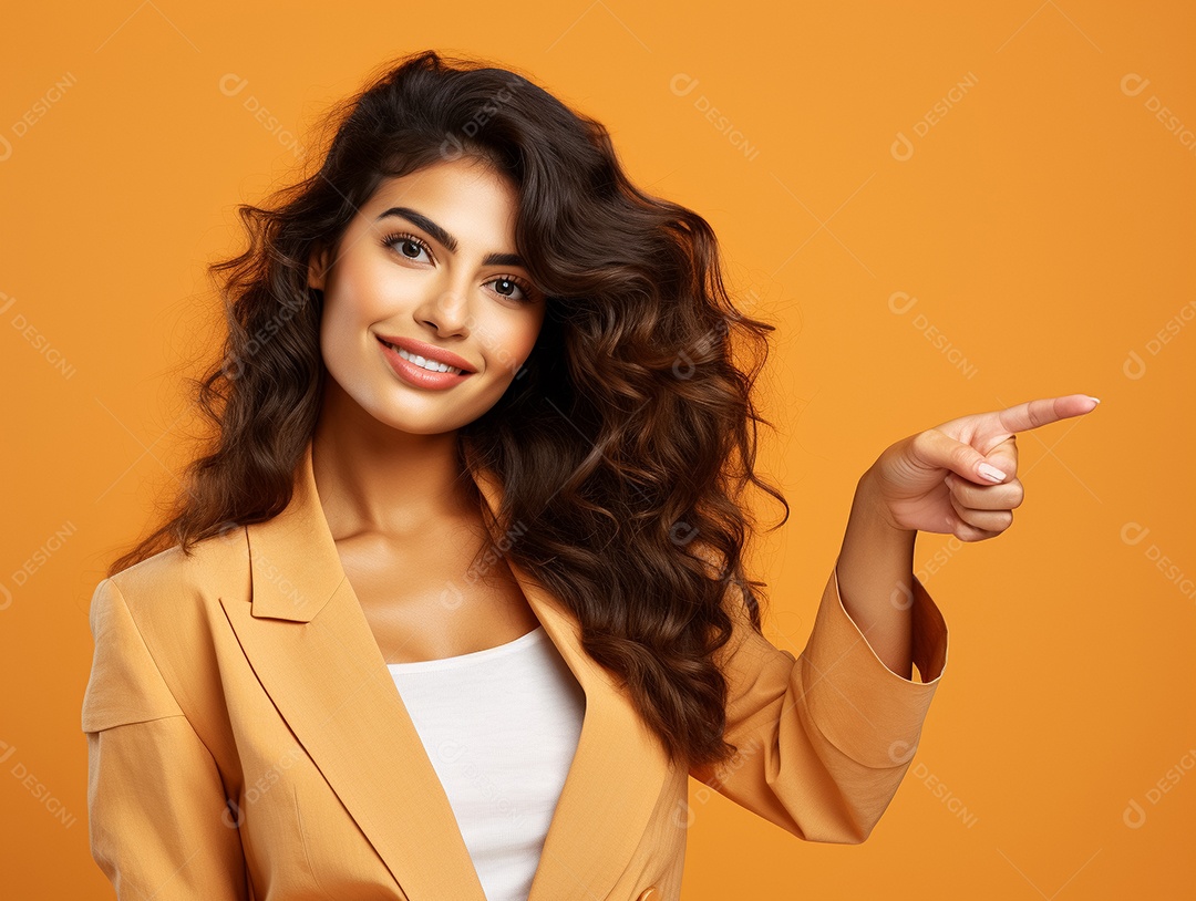 Mulher de cabelos cacheados sorrindo e apontando para um fundo laranja Generative IA