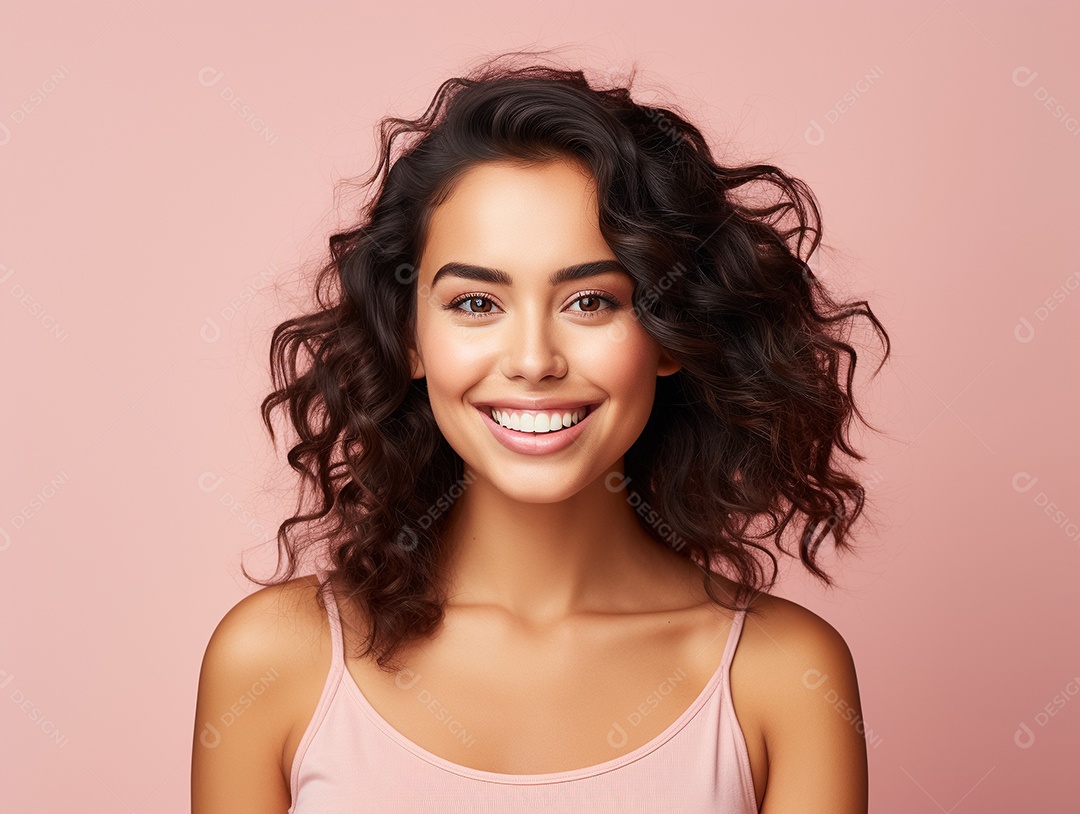 Jovem mulher de cabelos cacheados sorrindo em um fundo pastel Generative IA