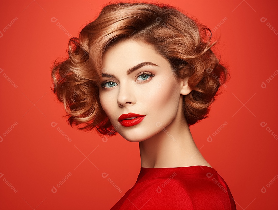 Linda mulher ruiva com batom vermelho sorrindo sobre um fundo vermelho IA generativa