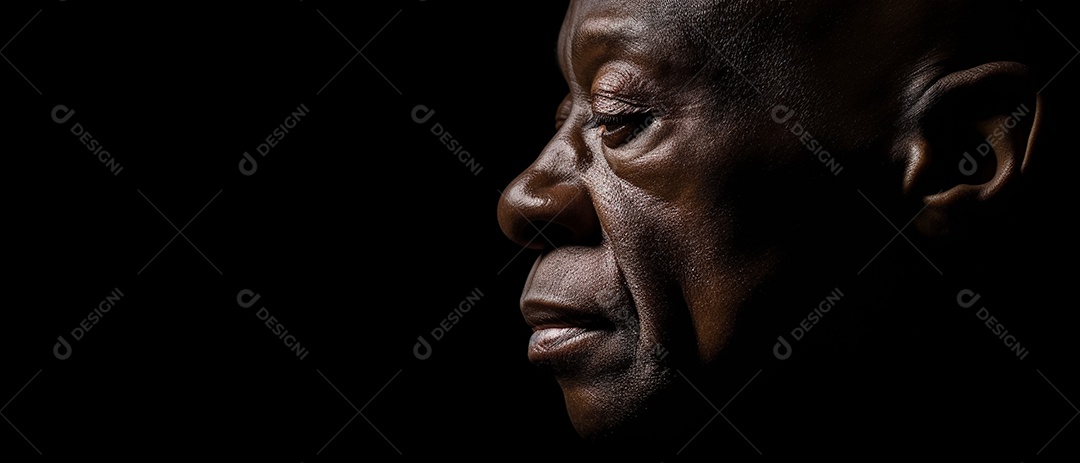 O rosto de um homem negro de perfil em um fundo preto Foto panorâmica Generative AI