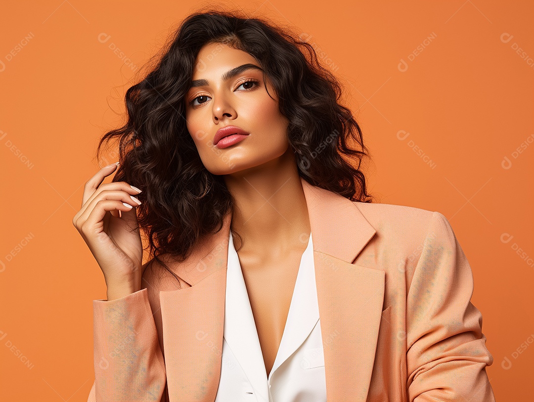 Retrato de uma linda mulher morena com cabelos ondulados em um fundo pastel Generative IA