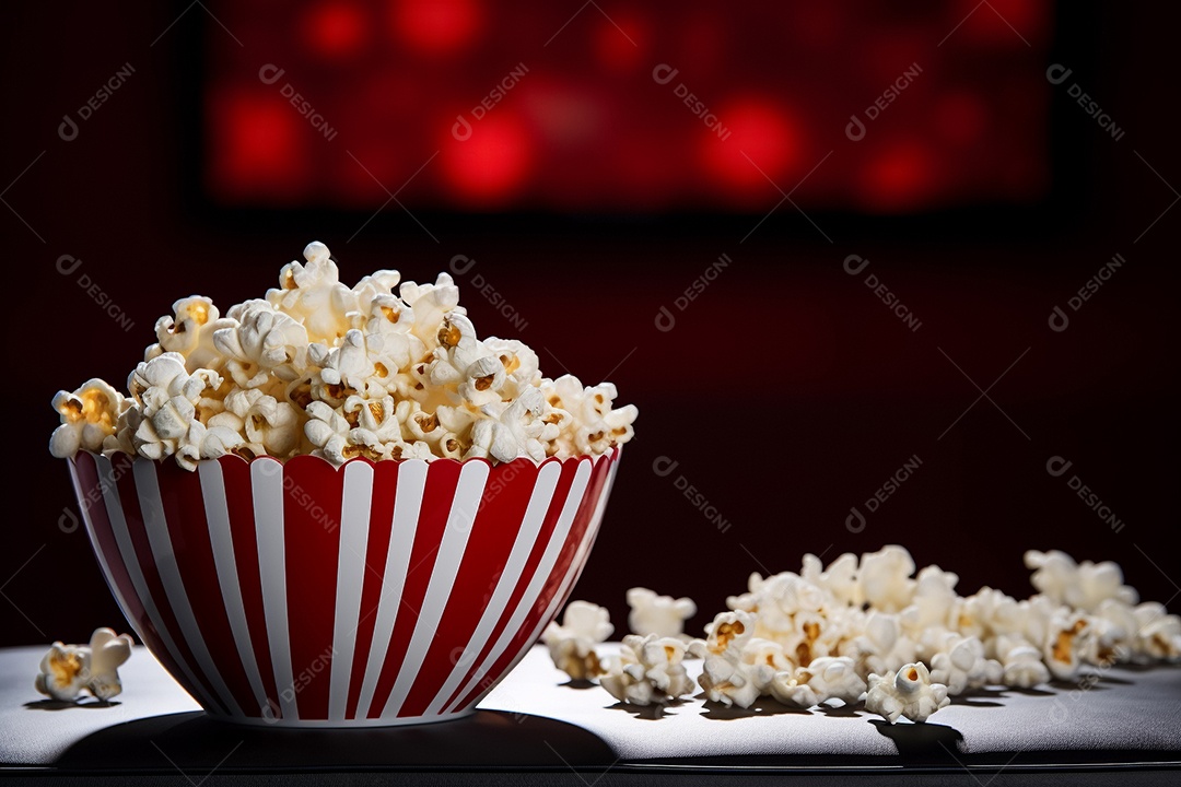 Pipoca em uma tigela listrada em fundo desfocado Generative IA