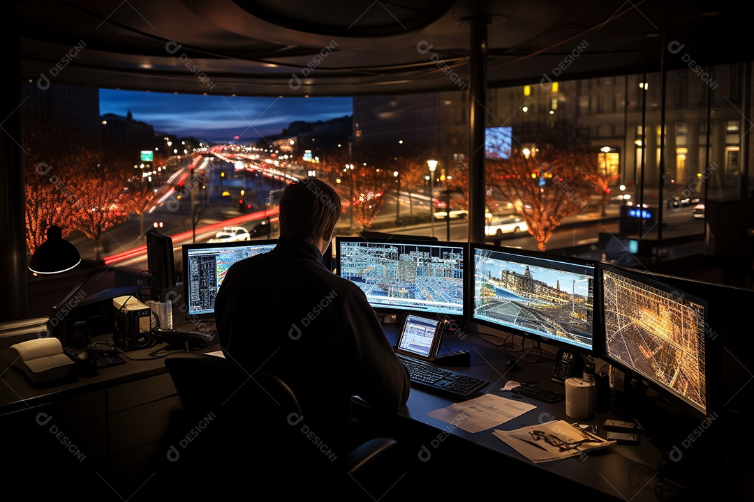 Operador de segurança controla câmeras no escritório à noite Imagens de câmeras em telas IA generativa