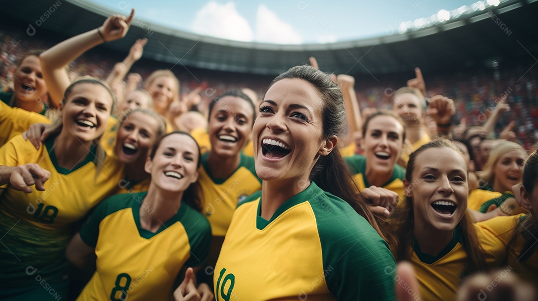 Mulheres vestindo a camiseta da seleção brasileira torcendo no estádio Generative IA