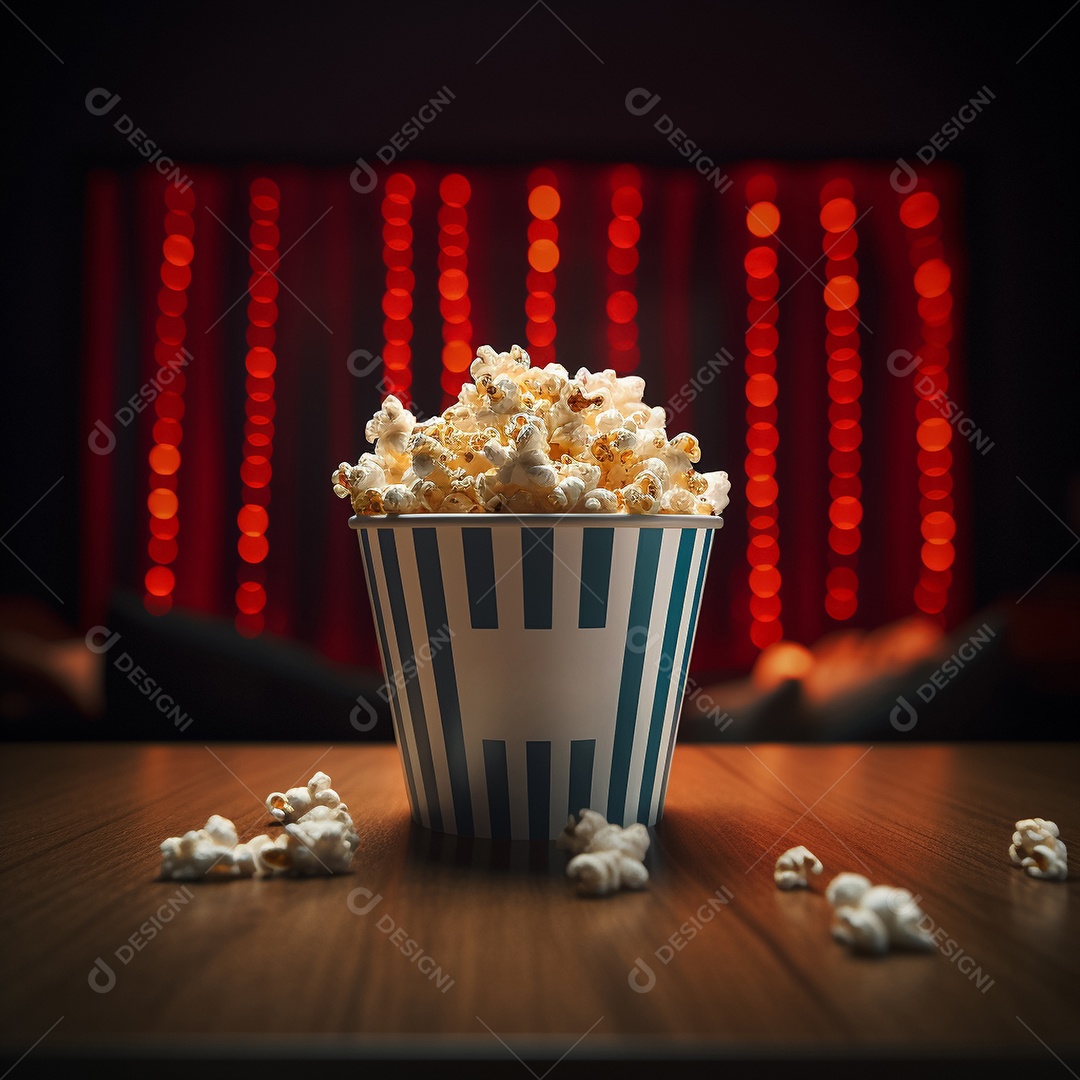 Pipoca em um balde listrado sobre a mesa em um fundo de luzes desfocadas Generative IA