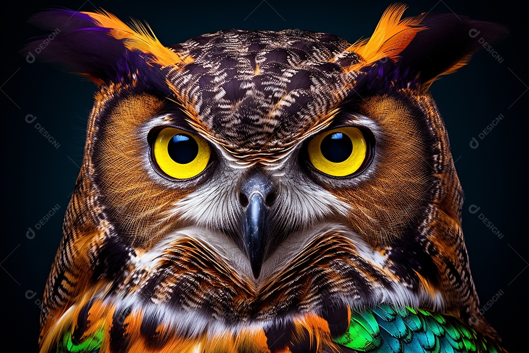 Retrato aproximado de uma coruja com grandes olhos laranja em fundo escuro IA generativa