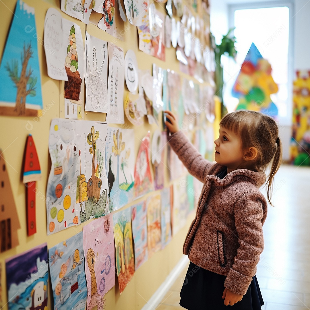 Criança fofa sorrindo olhando para a exibição de obras de arte de sua turma IA generativa