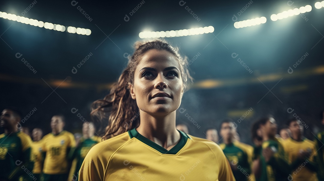 Jogadora de futebol da seleção brasileira em pé no estádio Generative IA
