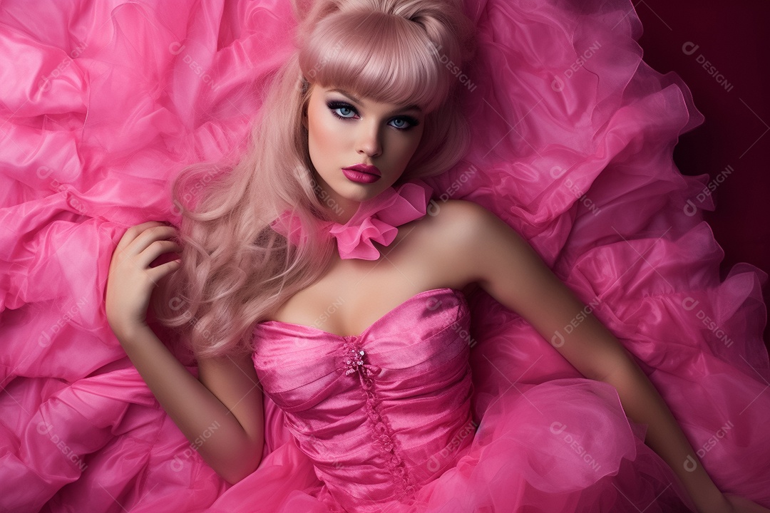 Jovem com cabelo rosa deitada em um vestido fofo com saia rosa generative IA