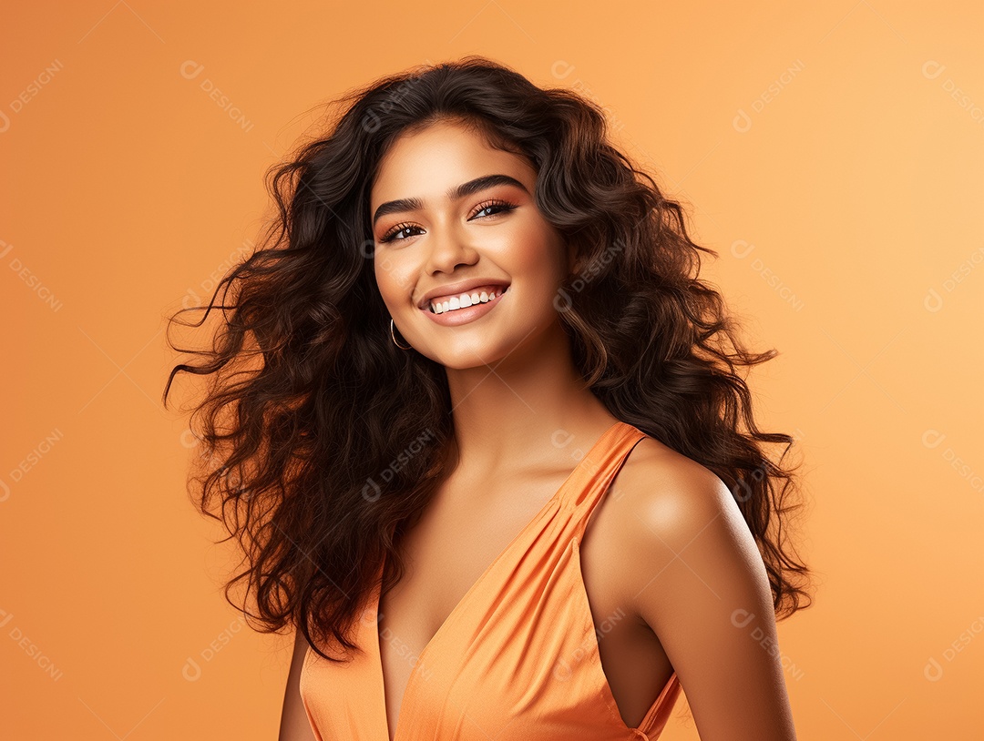 Jovem morena de cabelos cacheados sorrindo em fundo pastel