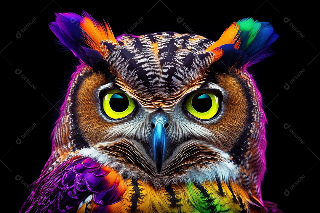 Retrato aproximado de uma coruja com grandes olhos laranja em fundo escuro IA generativa