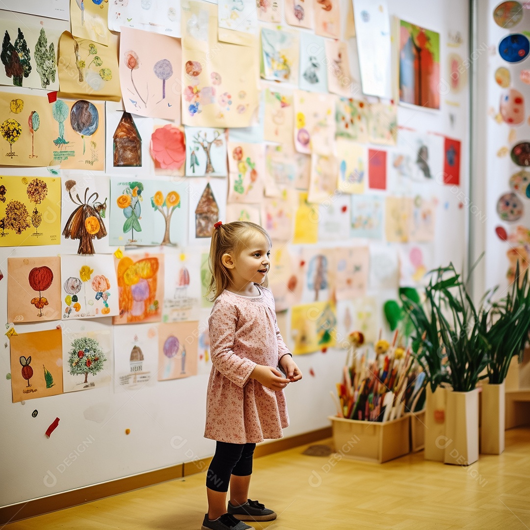 Criança fofa sorrindo em frente à exposição de obras de arte da sua turma IA Generativa
