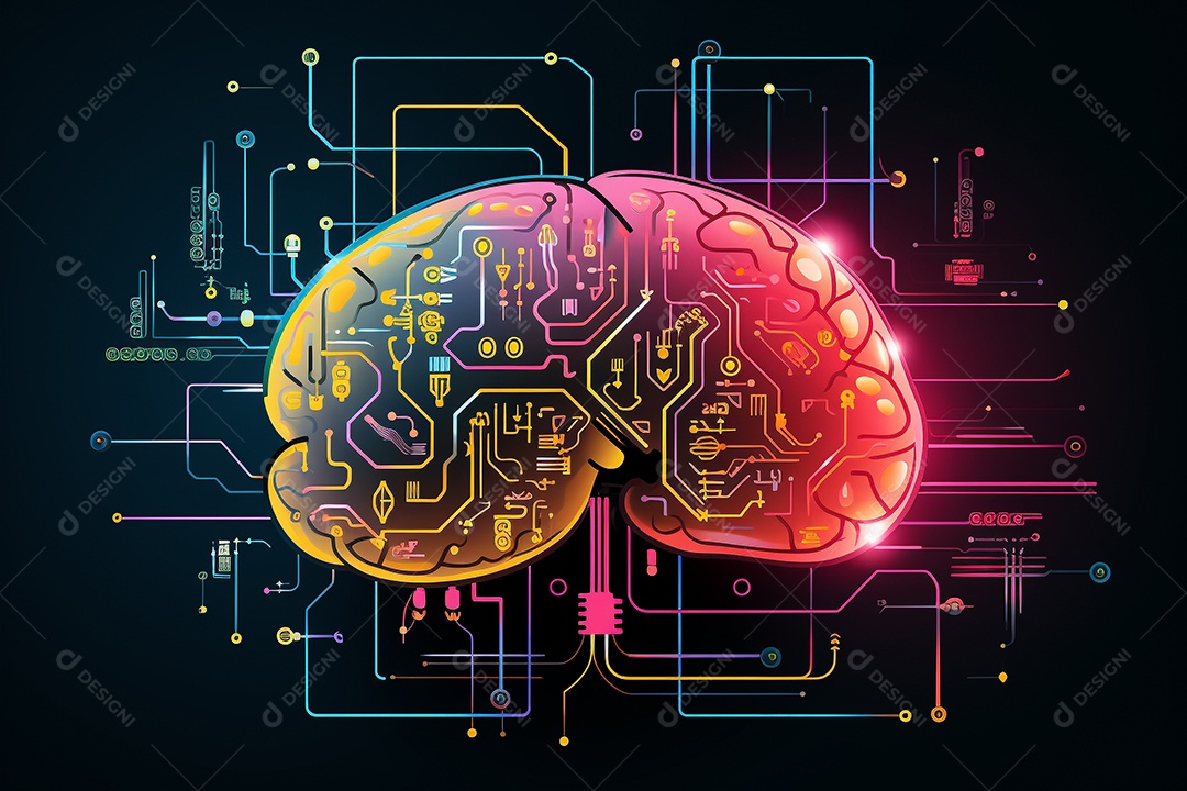 Circuito digital eletrônico cérebro humano Inteligência artificial conceito de mente cibernética IA generativa