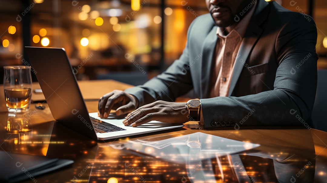 Homem de negócios trabalhando no laptop no escritório à noite IA generativa