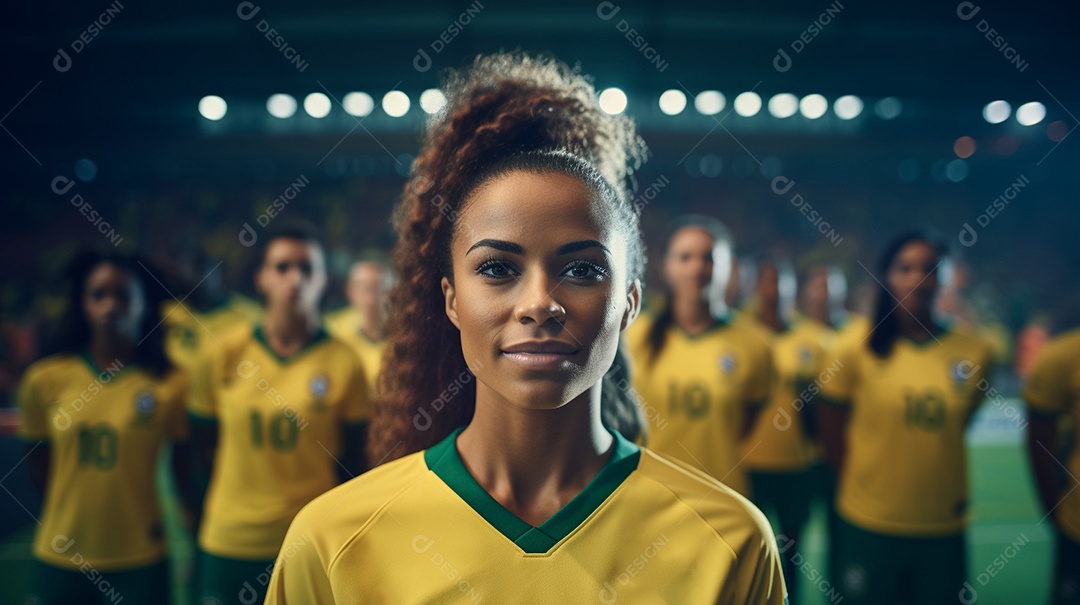 Jogadoras de futebol da seleção brasileira em pé no estádio generative IA