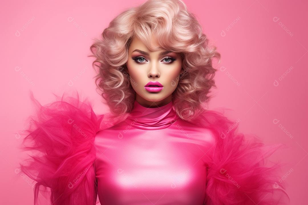 Garota com cabelo rosa e roupas olhando para a câmera em um fundo rosa generative AI