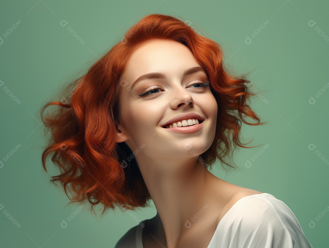 Linda mulher ruiva sorrindo em um fundo pastel IA generativa