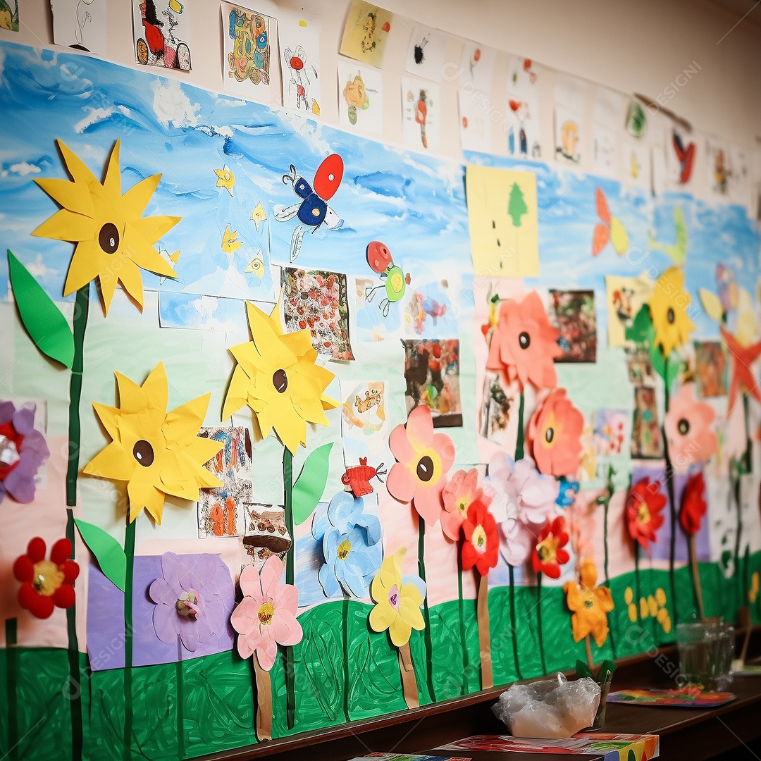 Parede da aula de jardim de infância com desenhos infantis e girassóis feitos de papel generative IA