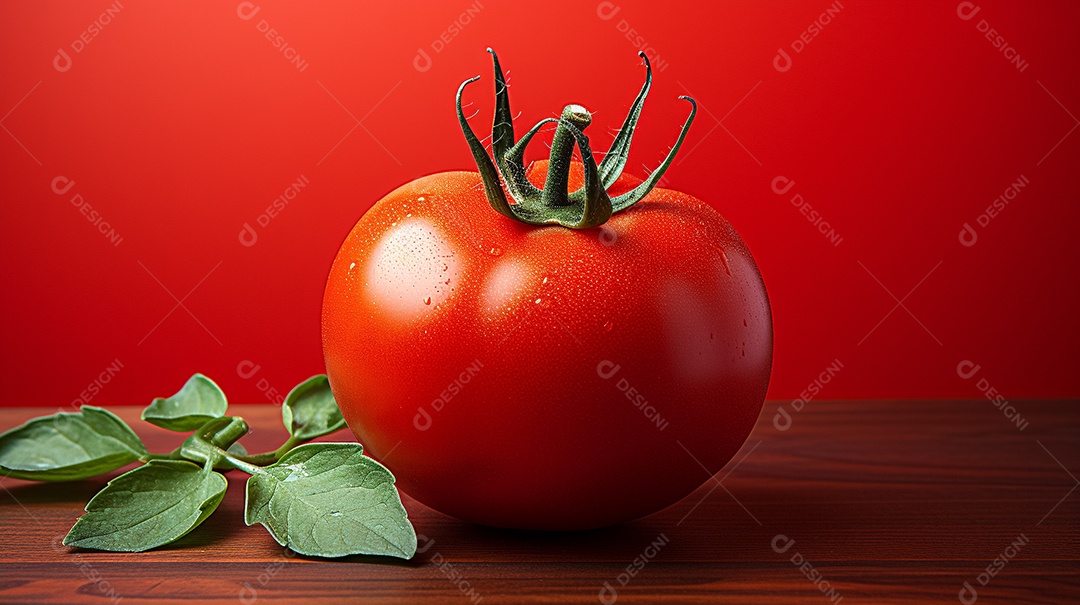 Tomate em mesa de madeira sobre fundo vermelho IA generative