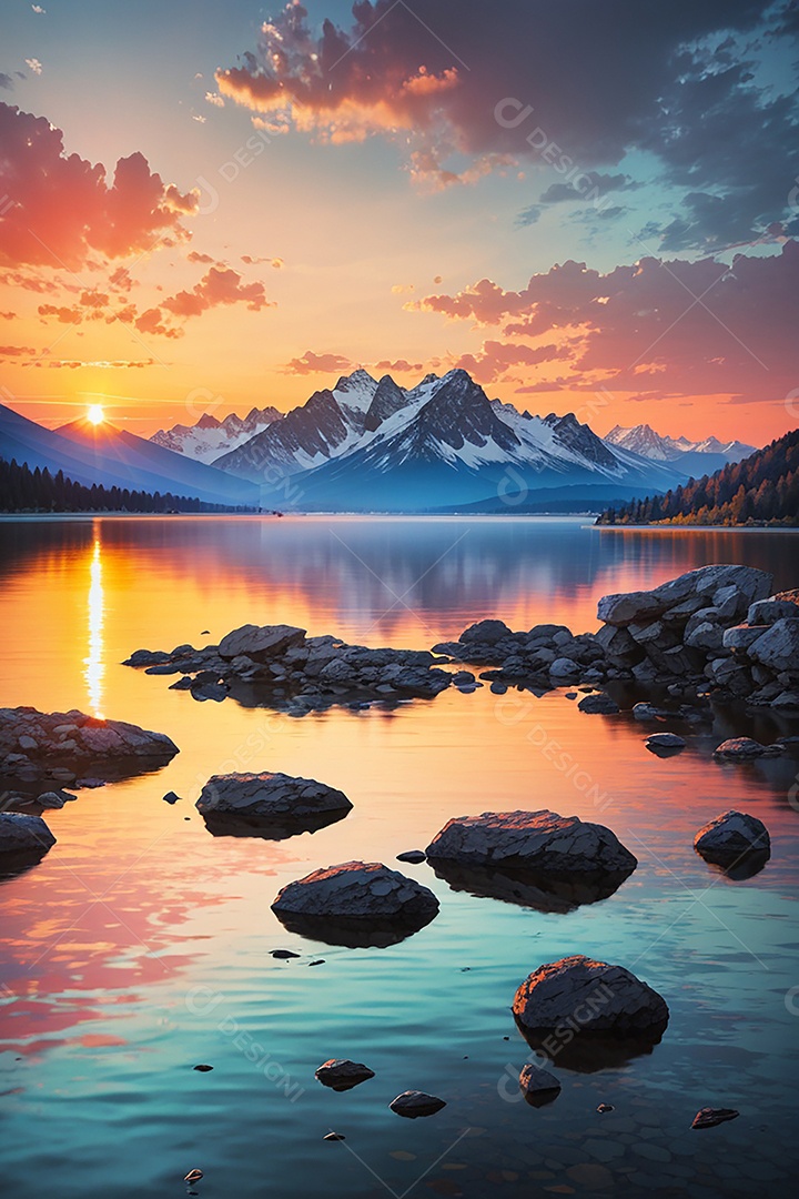 Fundo do pôr do sol da montanha do lago