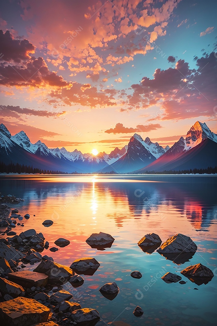 Fundo do pôr do sol da montanha do lago