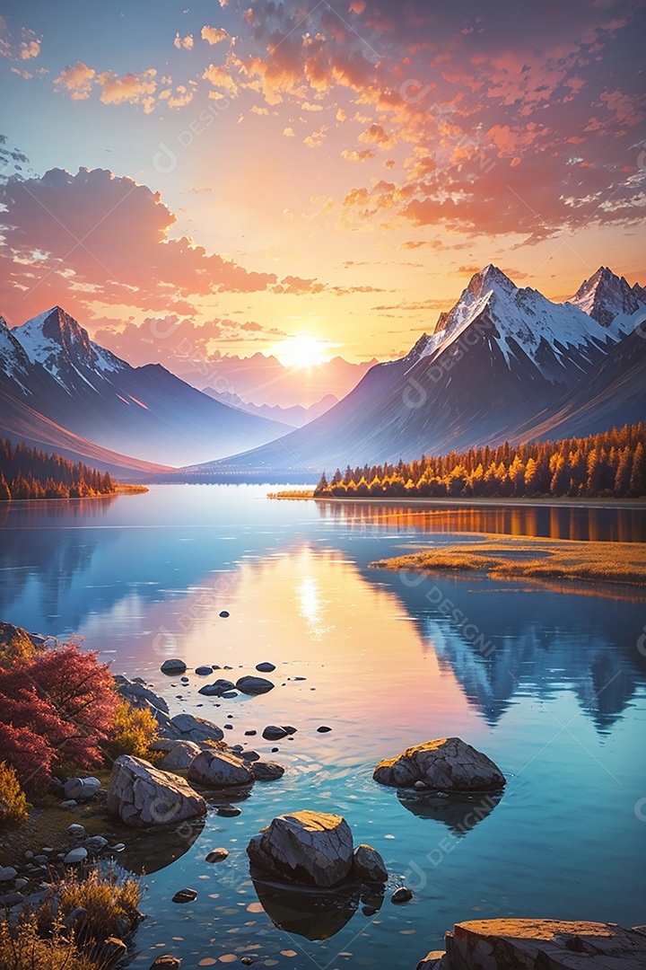 Fundo do pôr do sol da montanha do lago