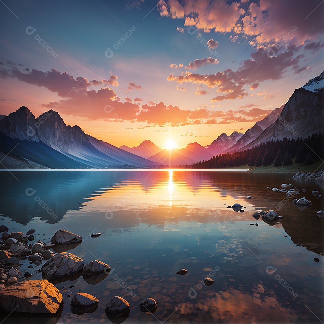 Fundo do pôr do sol da montanha do lago