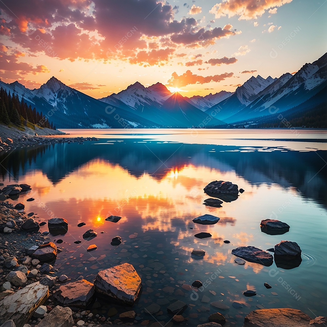 Fundo do pôr do sol da montanha do lago