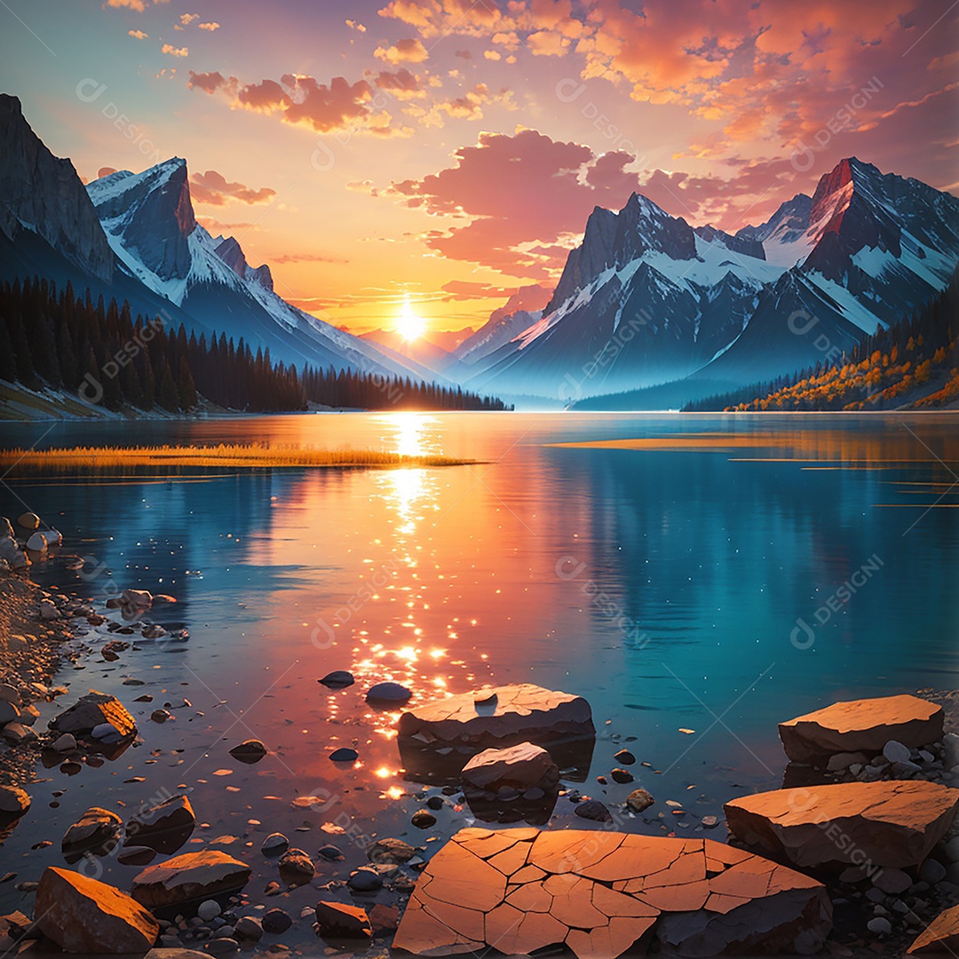 Fundo do pôr do sol da montanha do lago