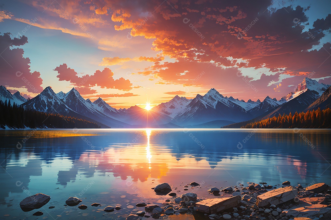 Fundo do pôr do sol da montanha do lago