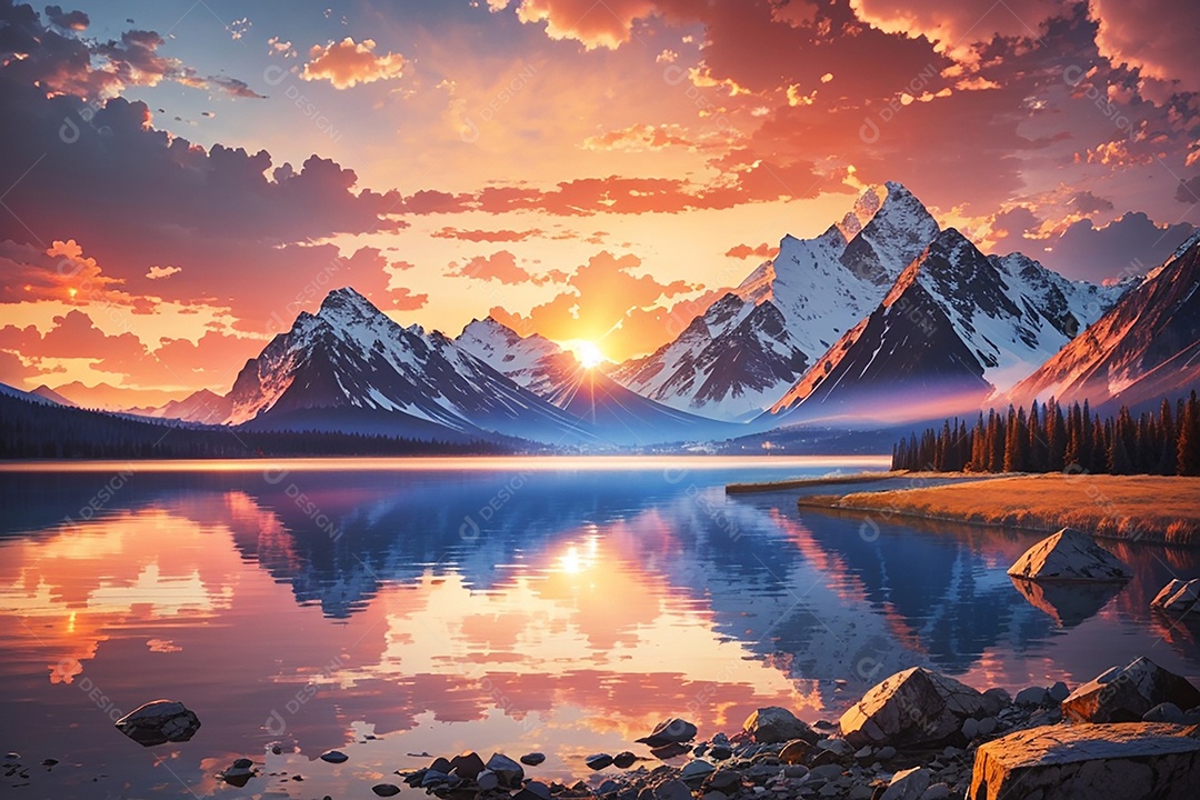 Fundo do pôr do sol da montanha do lago