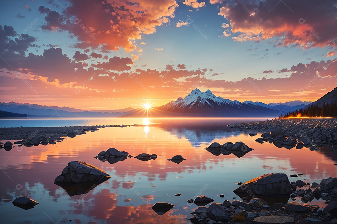 Fundo do pôr do sol da montanha do lago