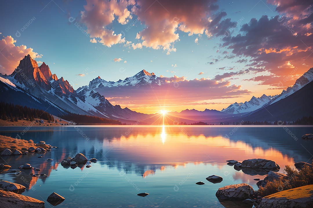 Fundo do pôr do sol da montanha do lago