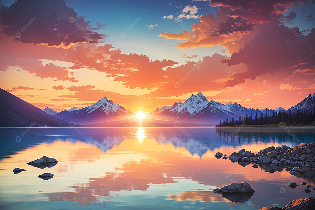 Fundo do pôr do sol da montanha do lago