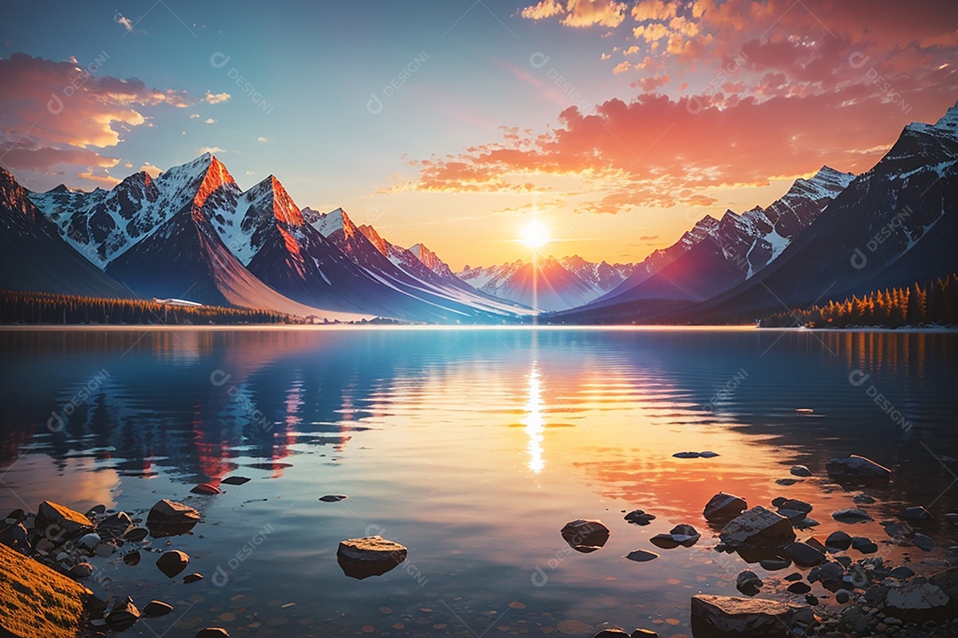 Fundo do pôr do sol da montanha do lago