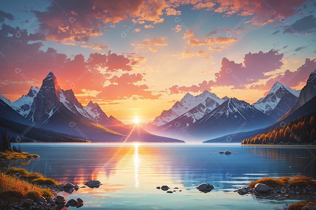 Fundo do pôr do sol da montanha do lago