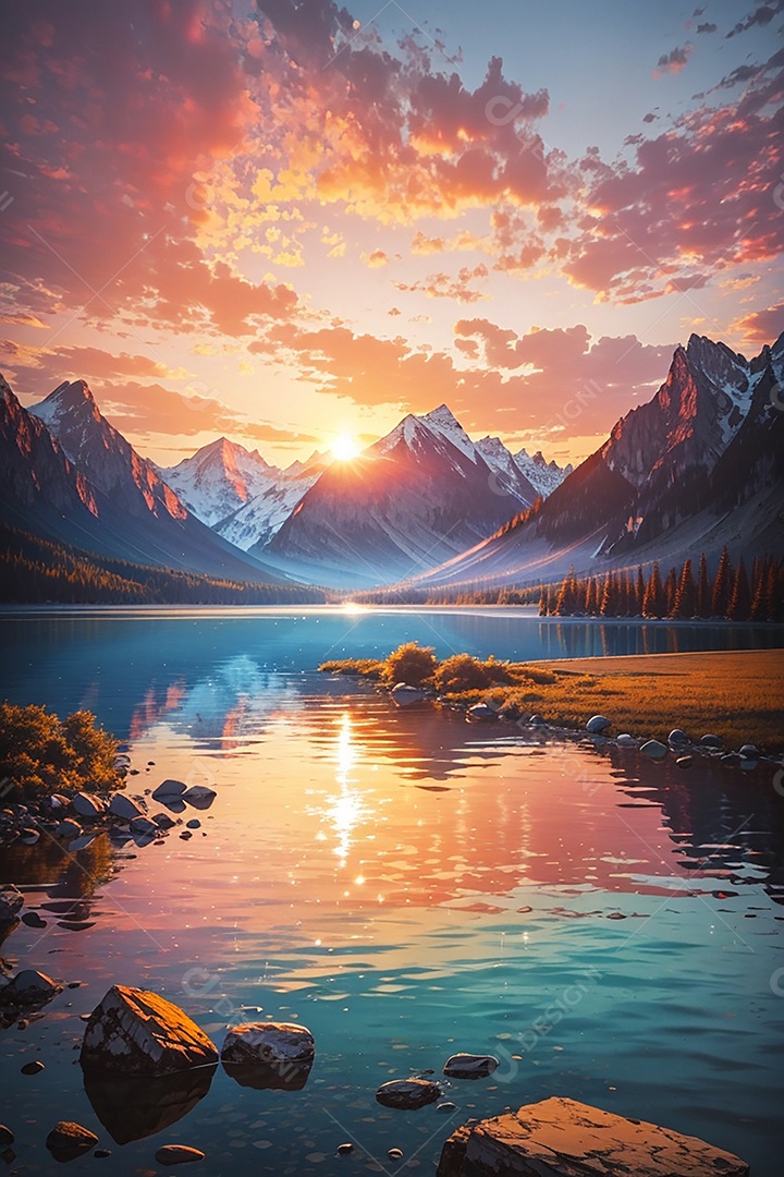 Fundo do pôr do sol da montanha do lago