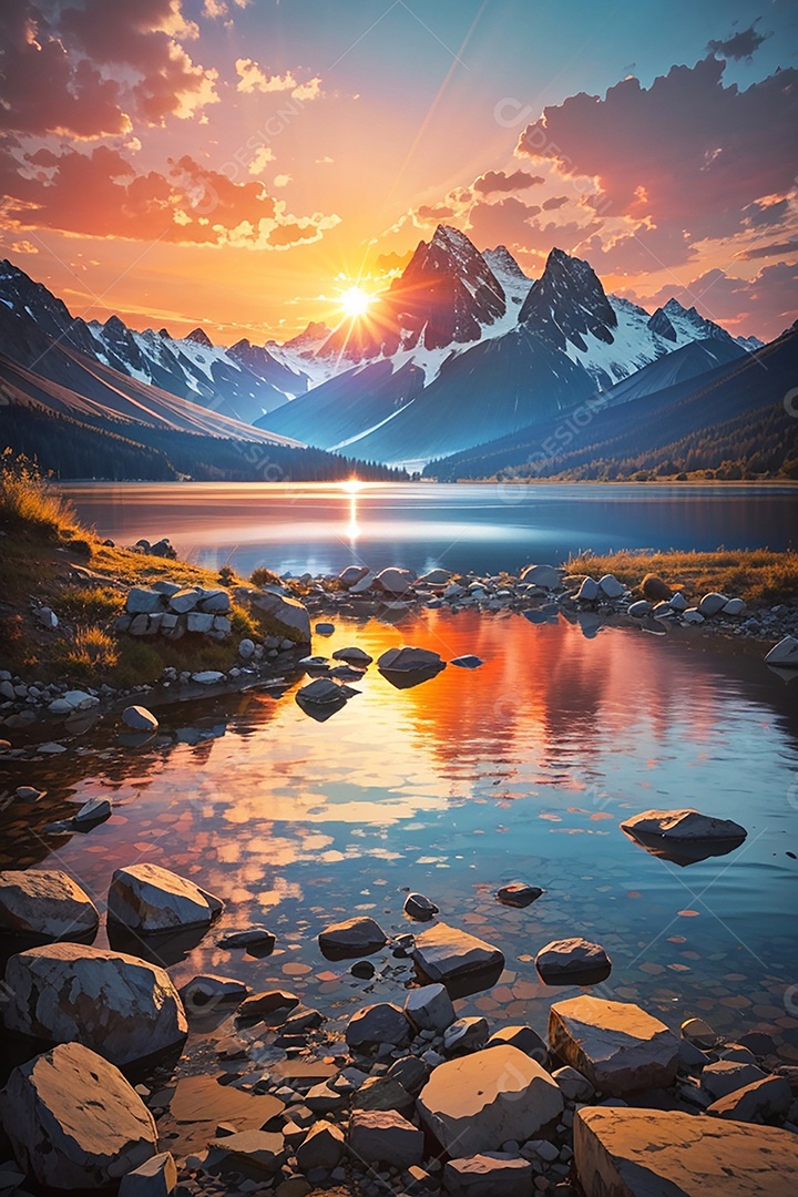 Fundo do pôr do sol da montanha do lago