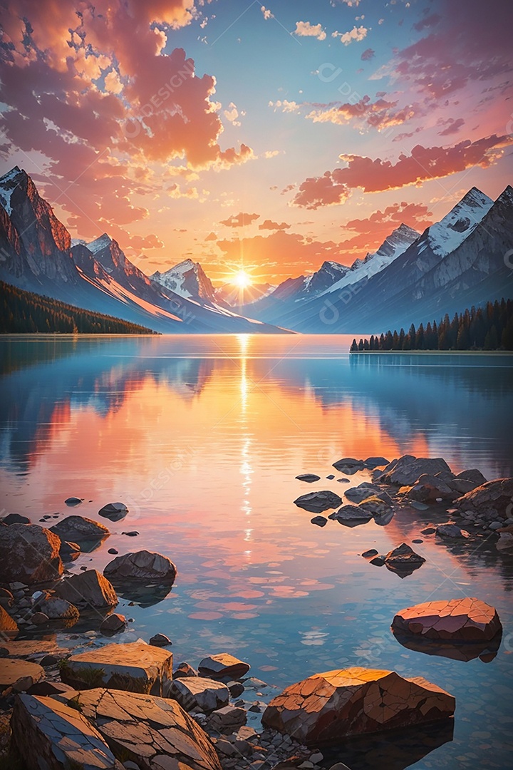 Fundo do pôr do sol da montanha do lago