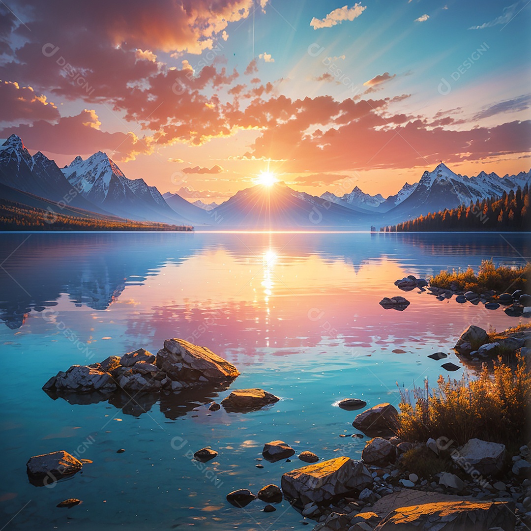 Fundo do pôr do sol da montanha do lago