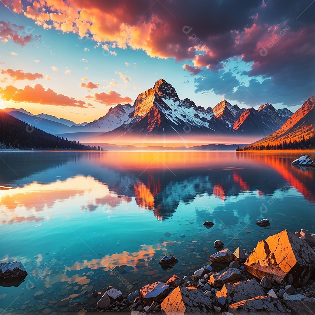 Fundo do pôr do sol da montanha do lago