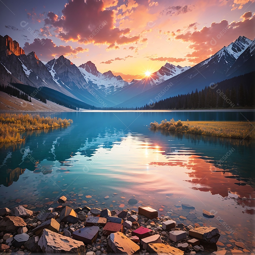 Fundo do pôr do sol da montanha do lago