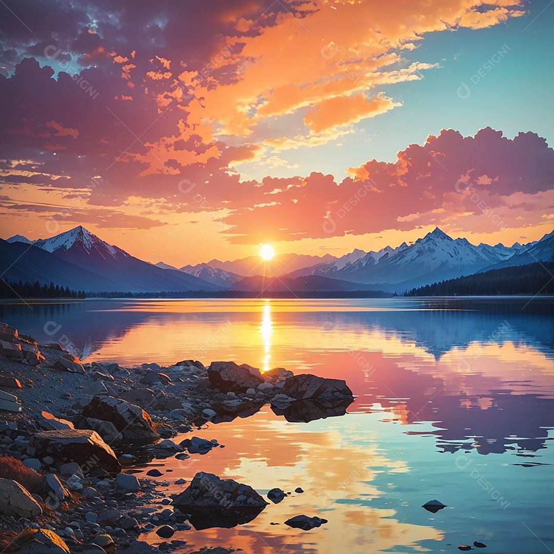 Fundo do pôr do sol da montanha do lago