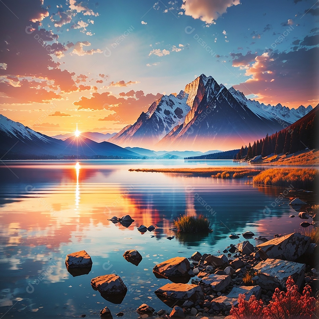 Fundo do pôr do sol da montanha do lago