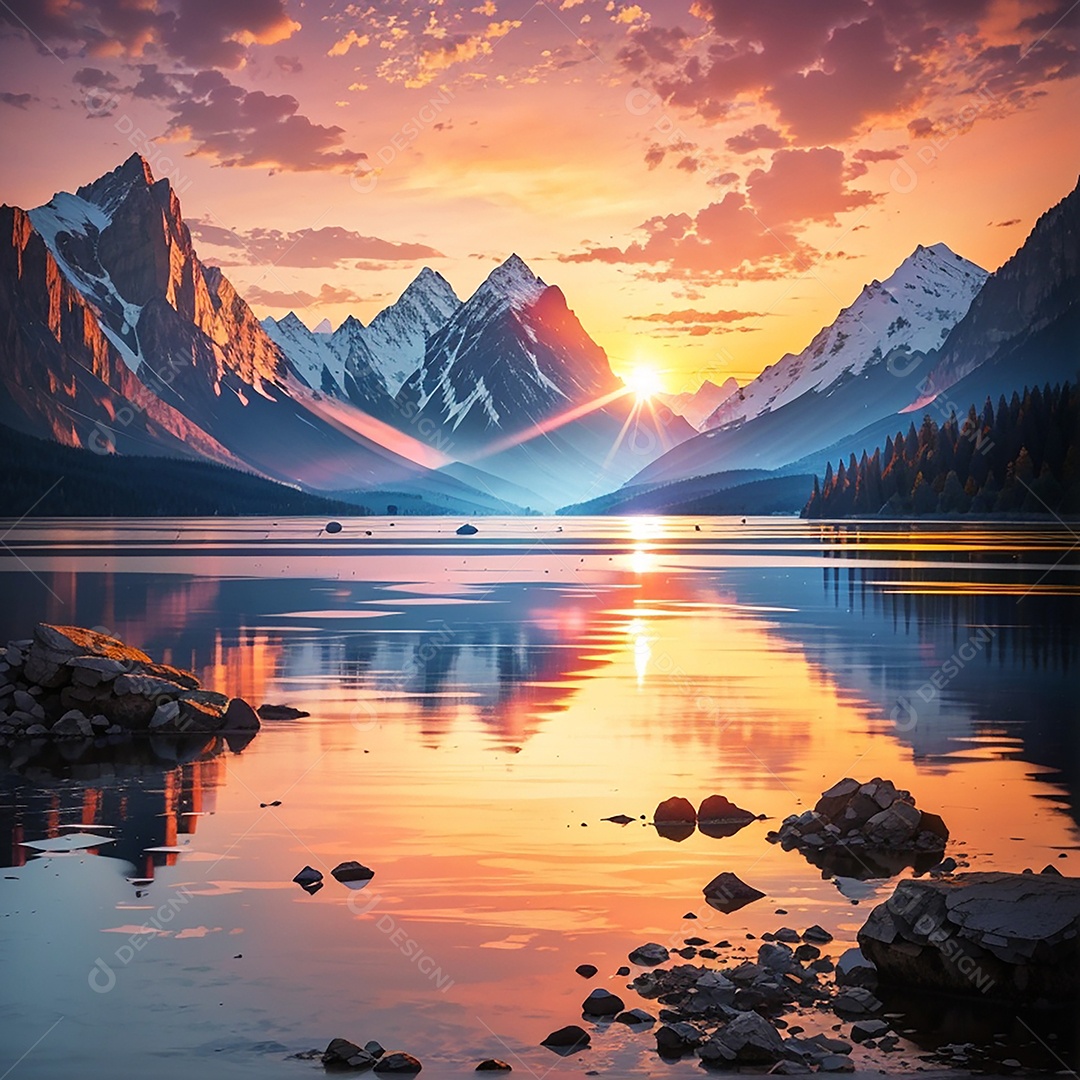 Fundo do pôr do sol da montanha do lago