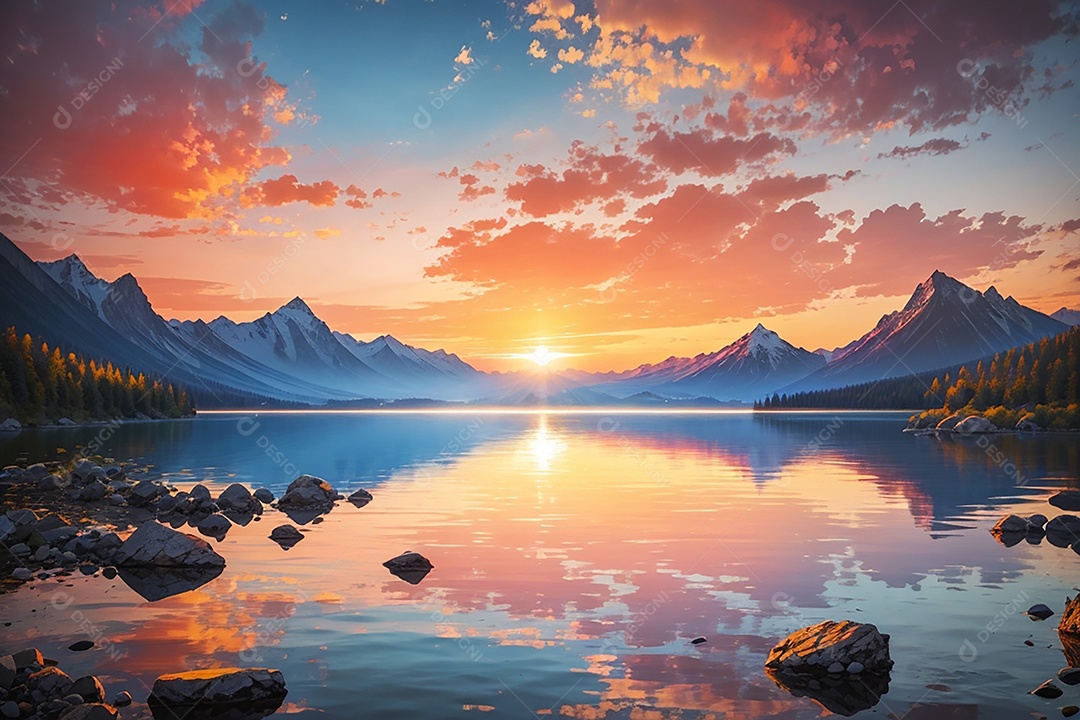 Fundo do pôr do sol da montanha do lago