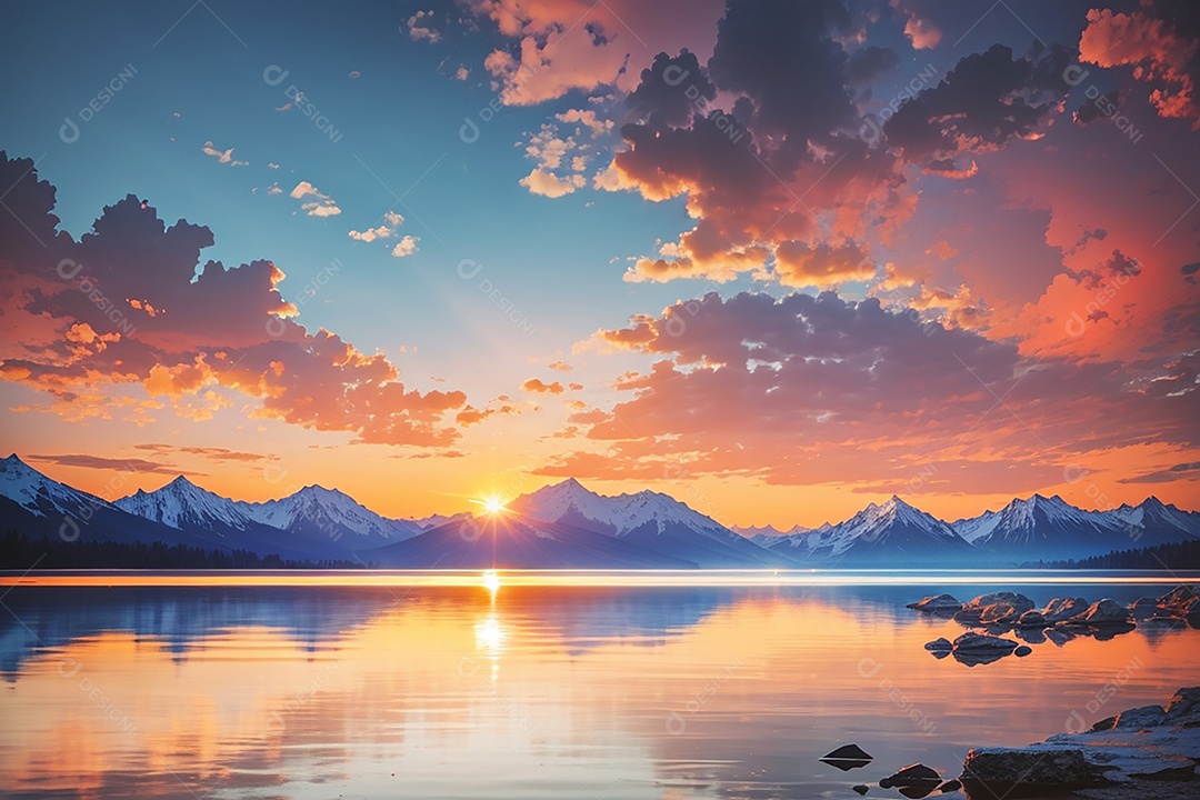 Fundo do pôr do sol da montanha do lago