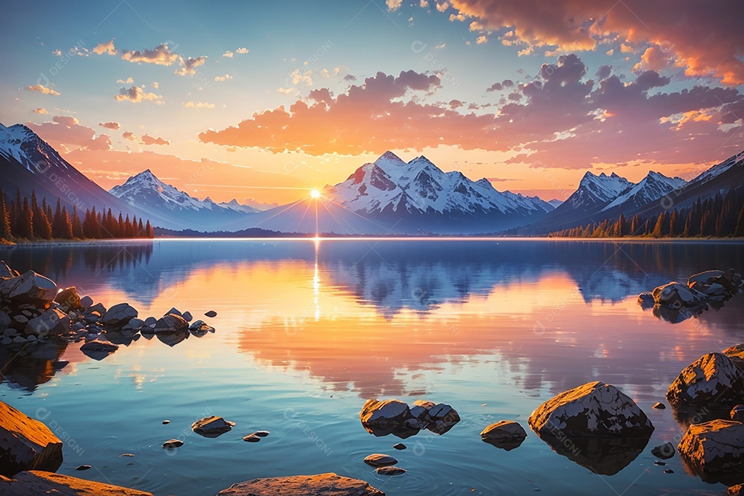 Fundo do pôr do sol da montanha do lago